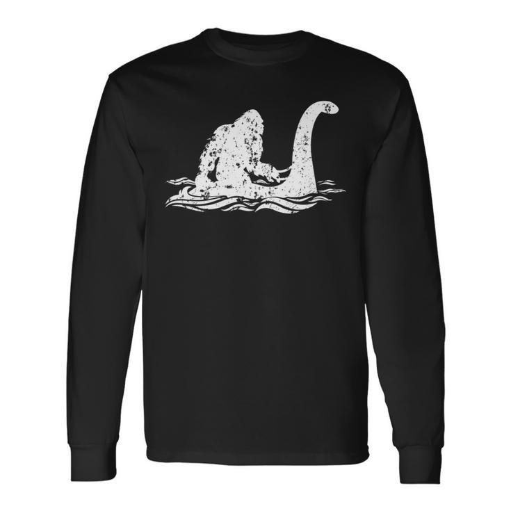 Bigfoot Riding On Nessie Lochness Monster Nessie Yeti Hunter Long Sleeve T-Shirt