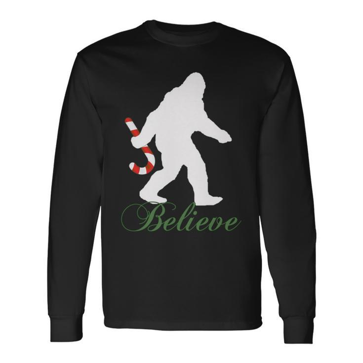 Bigfoot Sasquatch Yeti Believe Candy Cane Christmas Pajamas Long Sleeve T-Shirt