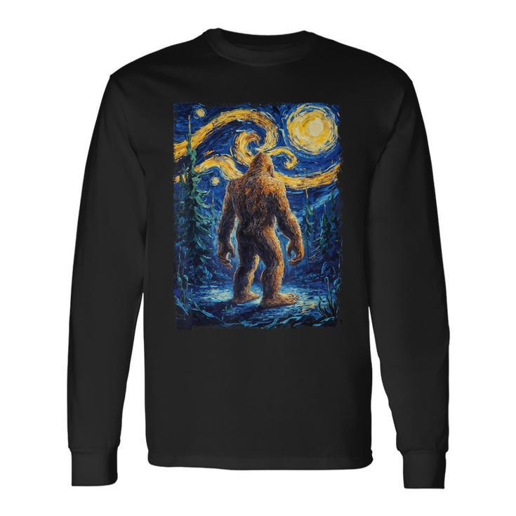 Bigfoot Starry Night Sasquatch Van Gogh Painting Long Sleeve T-Shirt