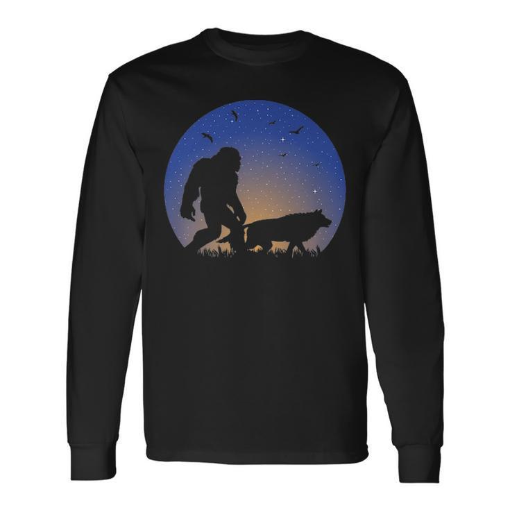 Bigfoot With Wolf Companion Silhouette Nightime Stars Long Sleeve T-Shirt