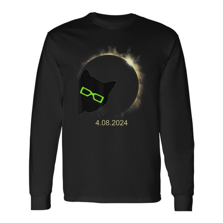 Black Cat Wearing Solar Eclipse Glasses 2024 Solar Eclipse Long Sleeve T-Shirt
