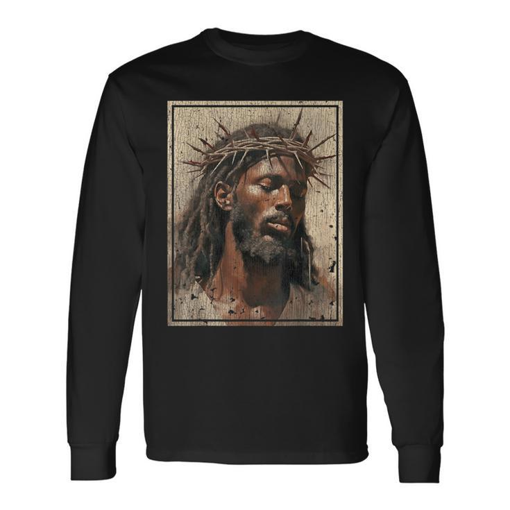 Black Jesus Face Of Jesus Cross With Crown Of Thorns Long Sleeve T-Shirt
