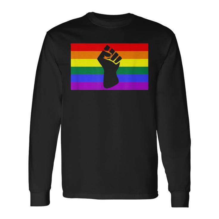 Black Protest Fist Lgbtq Gay Pride Flag Blm Unity Equality Long Sleeve T-Shirt