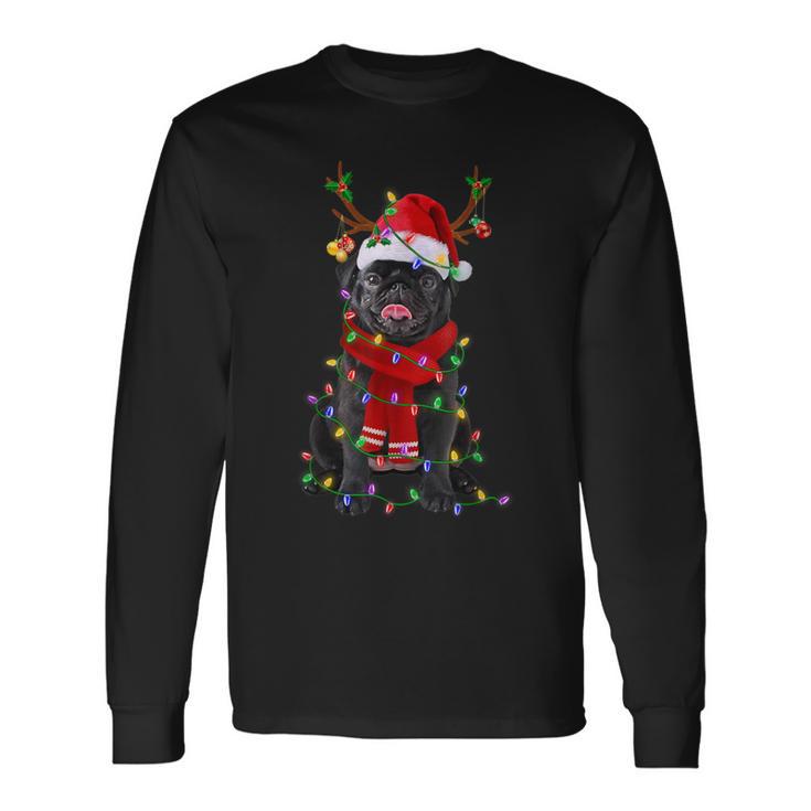 Black Pug Dog Tree Christmas Lights Xmas Pajama Long Sleeve T-Shirt