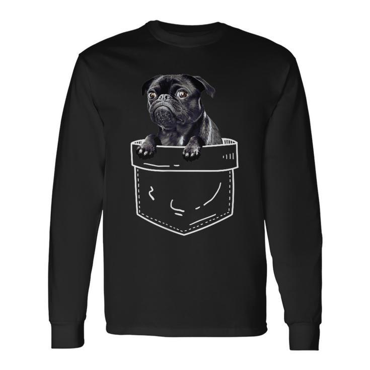 Black Pug In Pocket Cute Dog Lover Long Sleeve T-Shirt