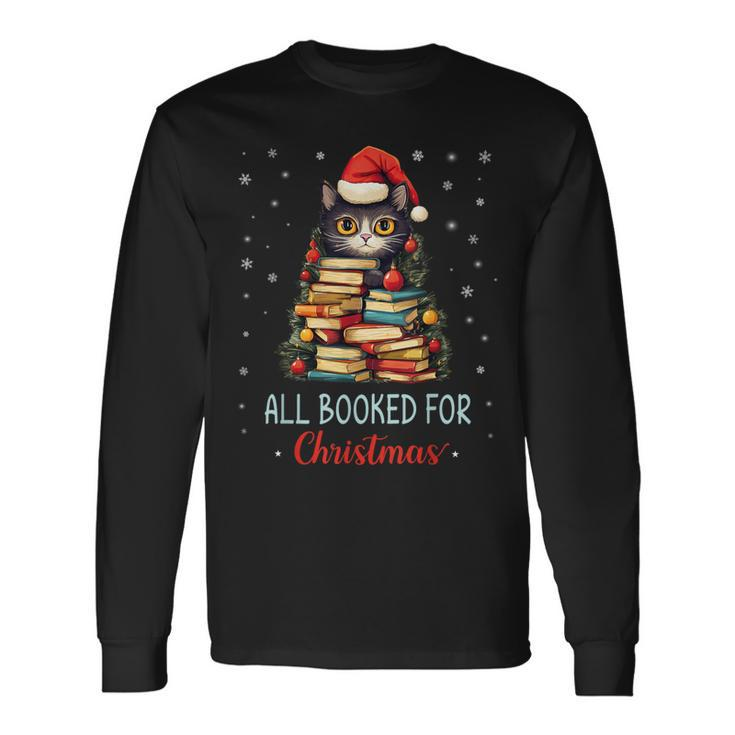 All Booked For Christmas Black Cat Santa Christmas Book Tree Long Sleeve T-Shirt