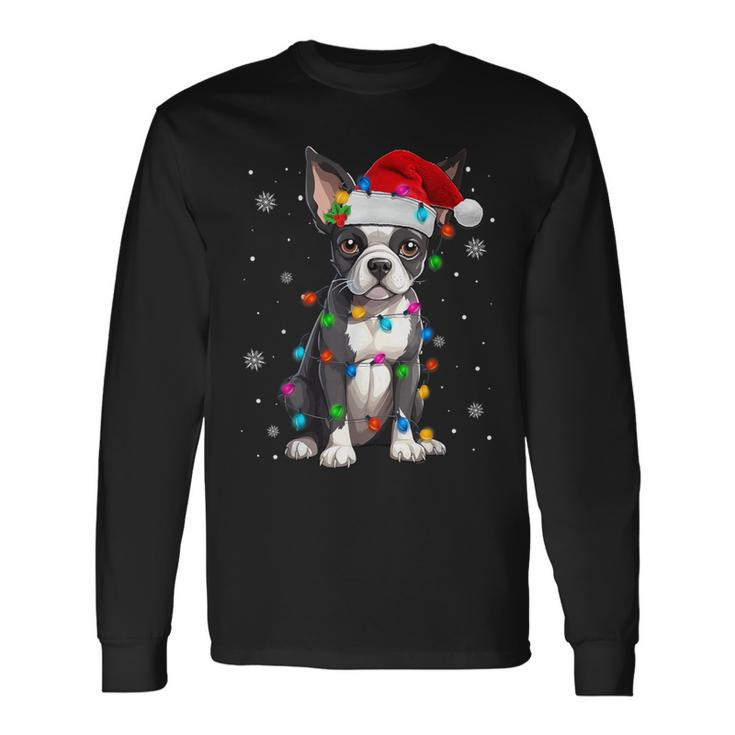 Boston Terrier Christmas Santa Hat Tree Lights Pajama Long Sleeve T-Shirt