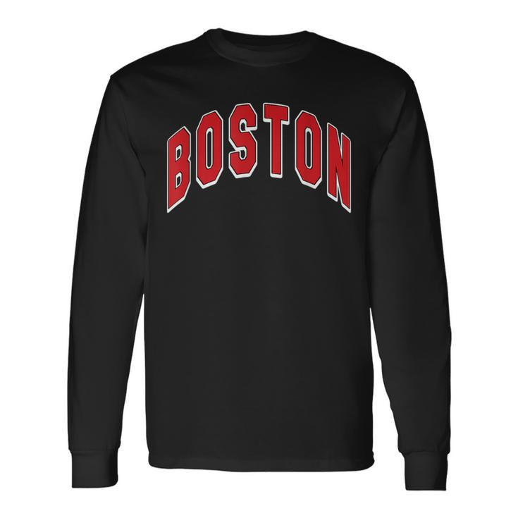 Boston Varsity Style Red Text With White Outline Long Sleeve T-Shirt