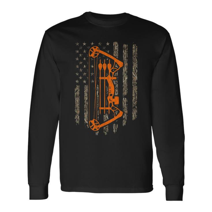Bow Hunting American Flag Hunter Archery Tree Camouflage Long Sleeve T-Shirt