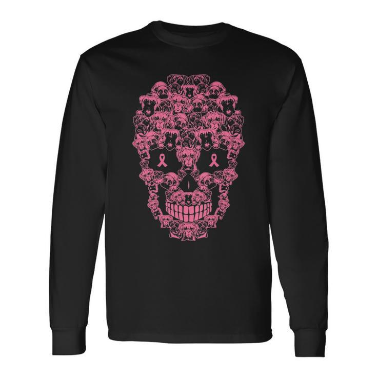 Boxer Dog Sugar Skull Pink Ribbon Breast Cancer Long Sleeve T-Shirt Gifts ideas