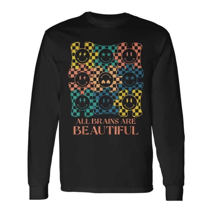 All Brains Are Beautiful Smile Face Autism Awareness Groovy Long Sleeve T-Shirt