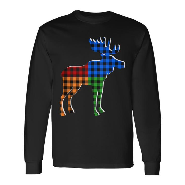 Buffalo Plaid Standing Moose Silhouette Colorful Moose Lover Long Sleeve T-Shirt