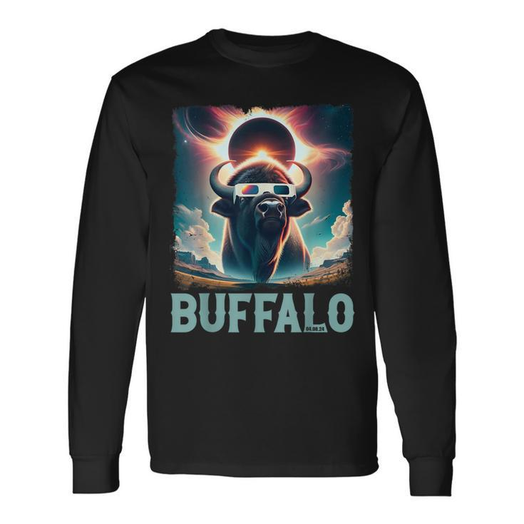 Buffalo Total Eclipse 2024 American Bison With Solar Glasses Long Sleeve T-Shirt