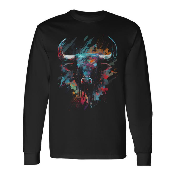 Bull Colorful Bull Riding Meat Favorite Animal Bull Fan Long Sleeve T-Shirt