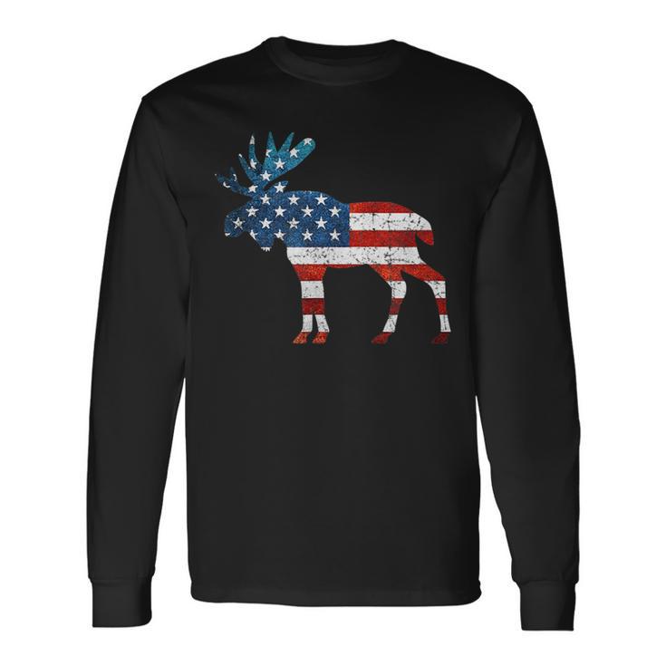 Bull Moose American Flag Moose Antlers Icon Long Sleeve T-Shirt