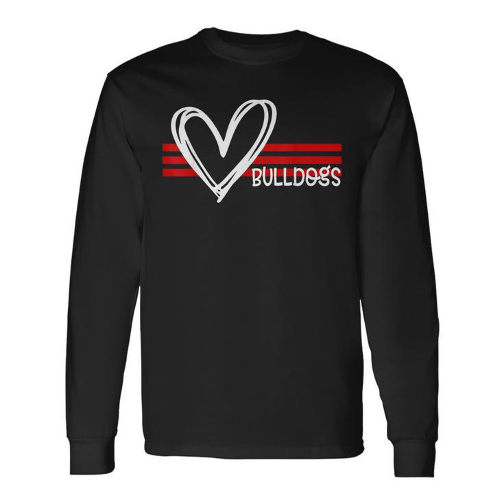 Bulldogs Team Pride School Spirit White Red Heart Long Sleeve T-Shirt