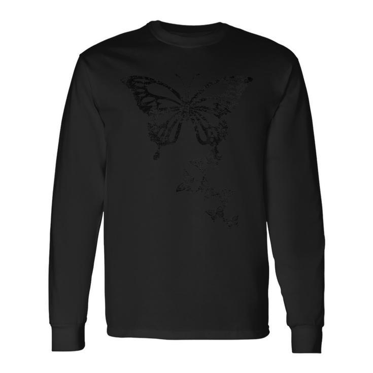 Butterfly Graphic Black Print Distressed Long Sleeve T-Shirt