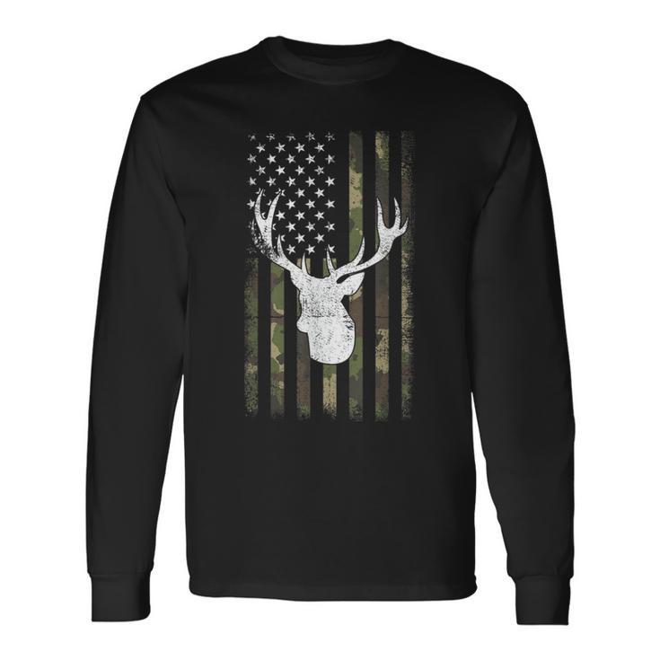 Camo Deer American Flag Graphic Hunting Men Dad Boys Long Sleeve T-Shirt Gifts ideas