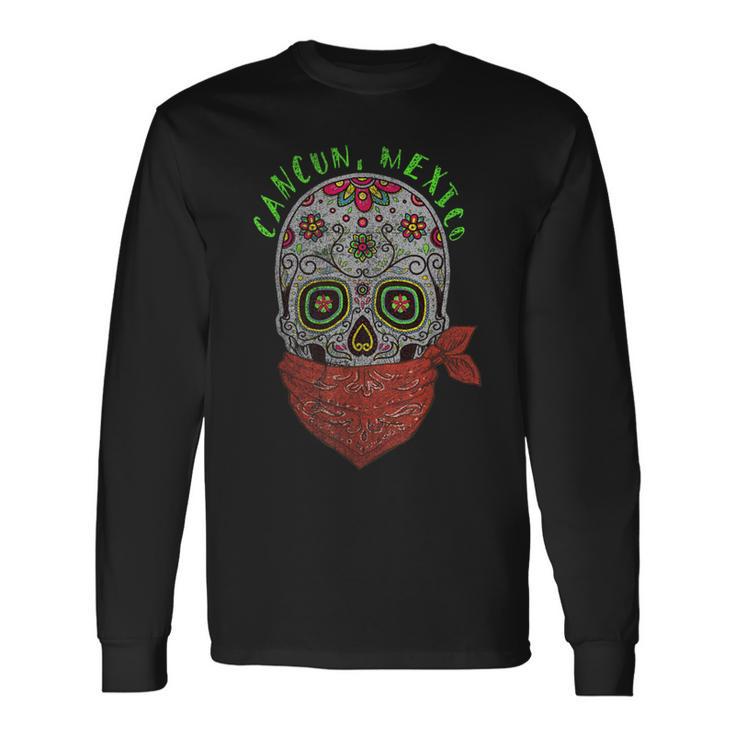 Cancun Mexico Souvenir Sugar Skull Bandanna Long Sleeve T-Shirt