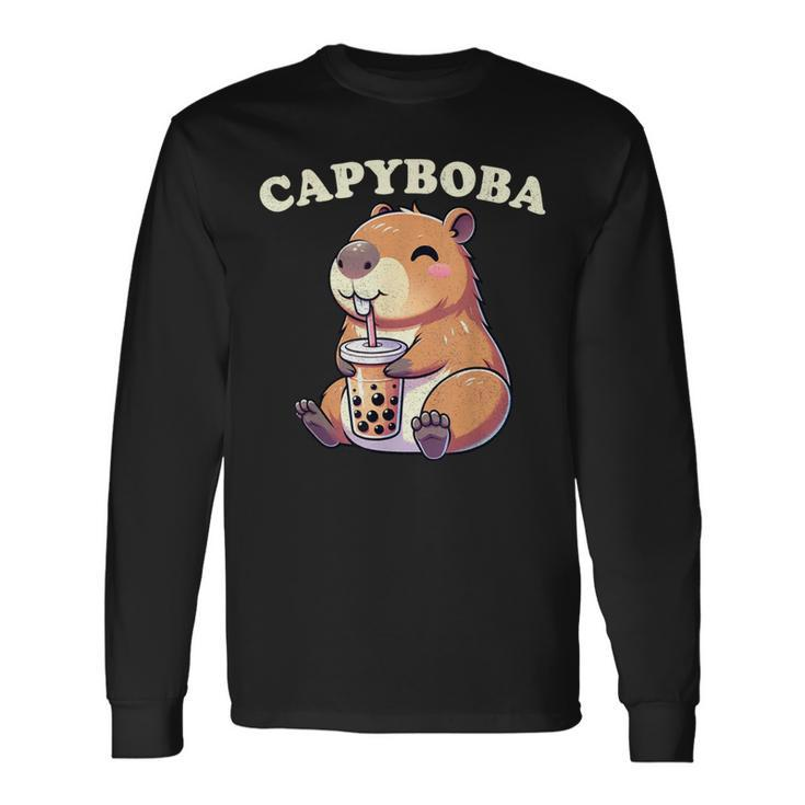 Capybara Capybara Rodent Capyboba Boba Milk Tea Long Sleeve T-Shirt