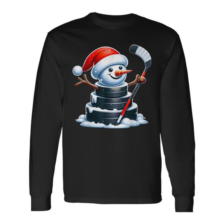 Cartoon Ice Hockey Puck Snowman With Santa Hat Christmas Long Sleeve T-Shirt