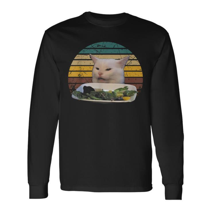 Cat At Dinner Table Animals Outfits Lovely Cat Meme Long Sleeve T-Shirt