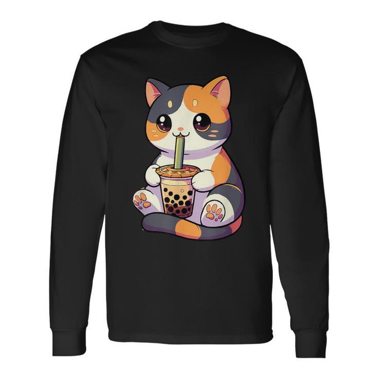 Cat Drinking Boba Feline Japanese Pet Kawaii Boba Calico Cat Long Sleeve T-Shirt Gifts ideas