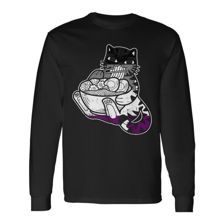 Cat Eating Ramen Asexual Pride Lgbt-Q Kitten Japanese Noodle Long Sleeve T-Shirt Gifts ideas