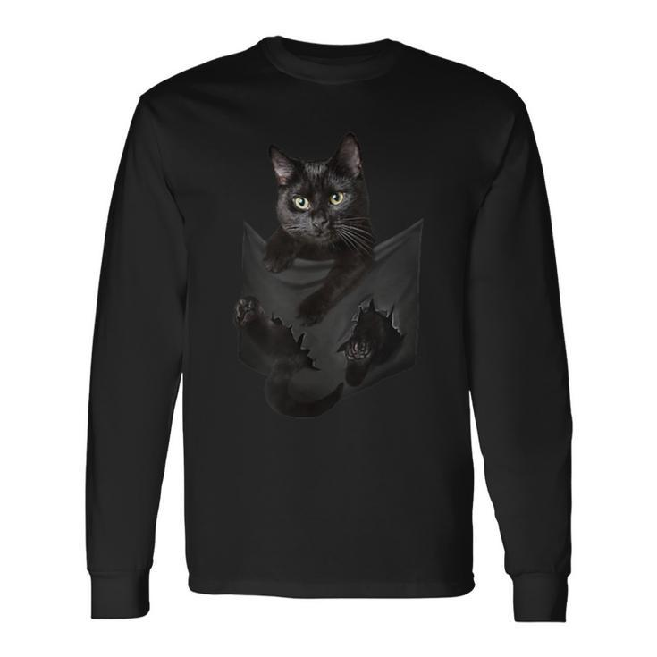 Cat Lovers Black Cat In Pocket Kitten Face Long Sleeve T-Shirt