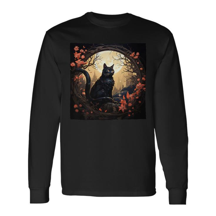 Cat Moon Flowers Graphic Long Sleeve T-Shirt Gifts ideas