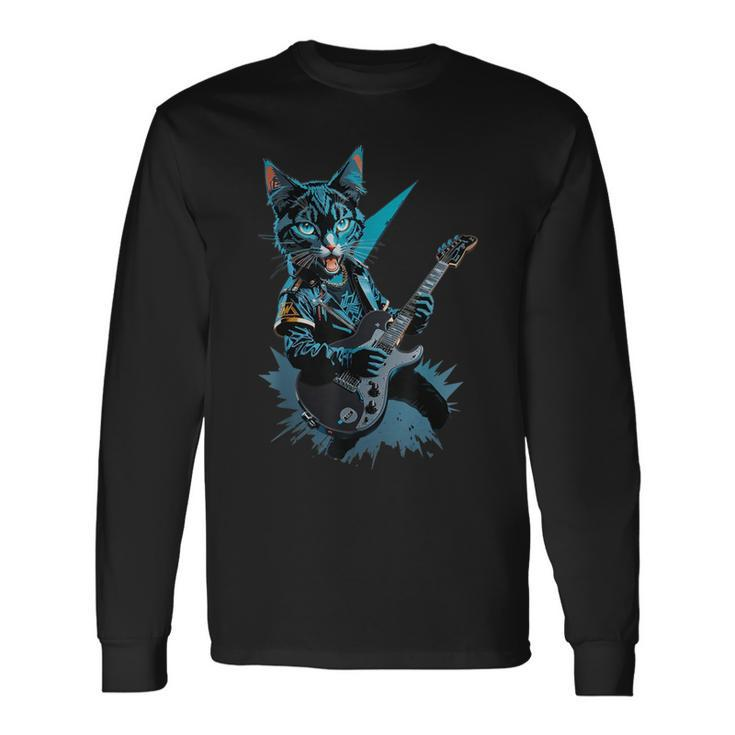 Cat Playing Electric Guitar Heavy Metal Rock Cat Lover Long Sleeve T-Shirt