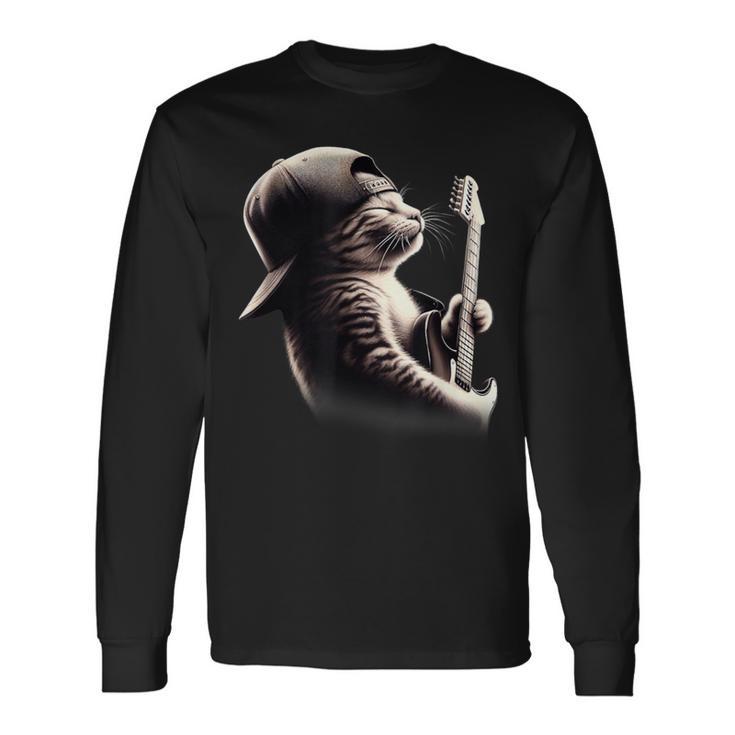 Cat Playing Guitar Rock Music Guitar Cat Long Sleeve T-Shirt