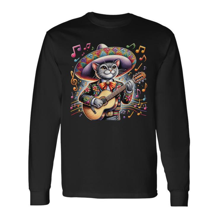 Cat Playing Guitar Mexican Hat Cinco De Mayo Music Long Sleeve T-Shirt