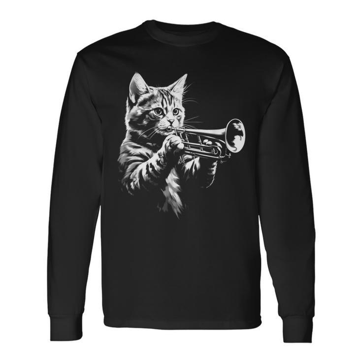 Cat Playing Trumpet Vintage Jazz Musician Trumpeter Long Sleeve T-Shirt