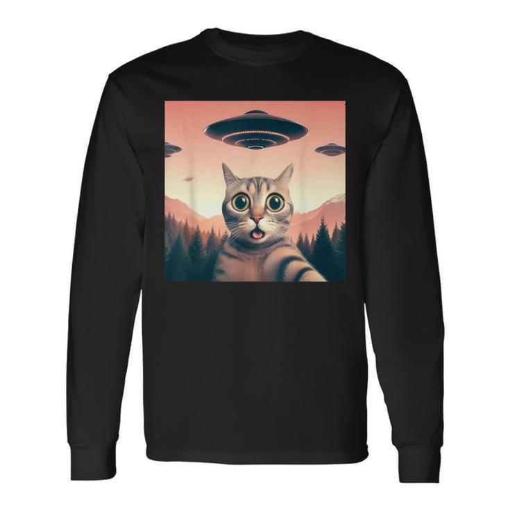Cat Selfie With Ufo Cat Lover Meme Long Sleeve T-Shirt