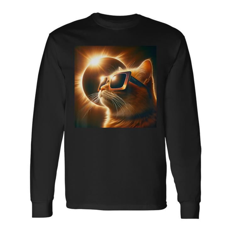 Cat Solar Eclipse 2024 Cat April 8 2024 Cat Selfie Eclipse Long Sleeve T-Shirt