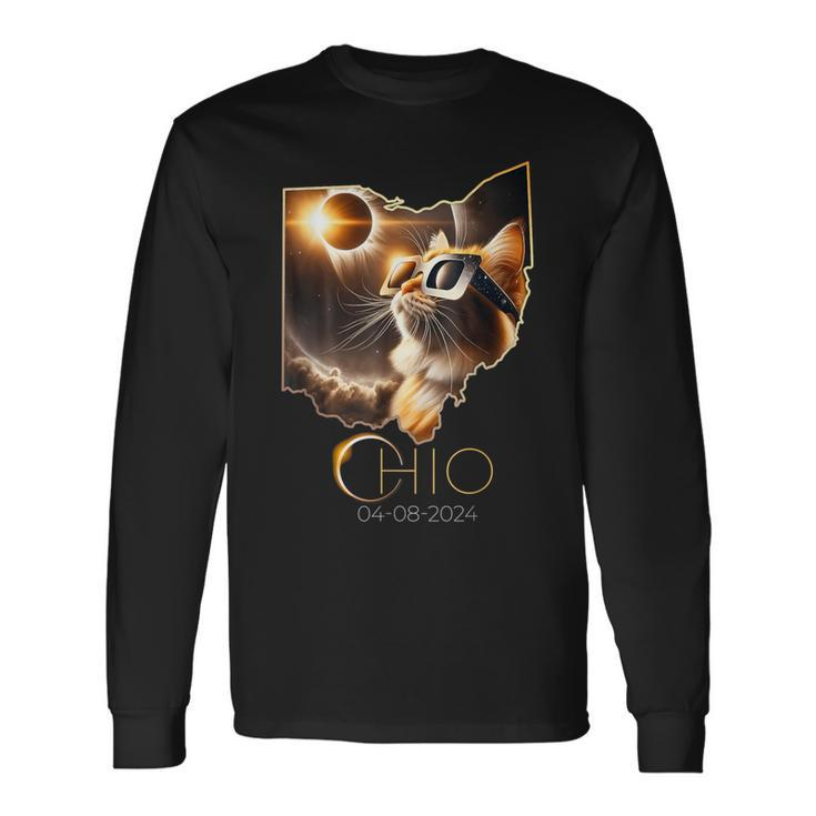 Cat Sun Solar Eclipse 2024 Totality State Ohio Long Sleeve T-Shirt