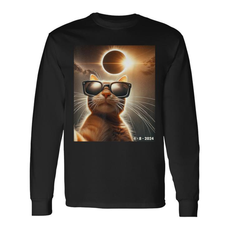 Cat Taking A Selfie With Solar 2024 Eclipse Wearing Glasses Long Sleeve T-Shirt