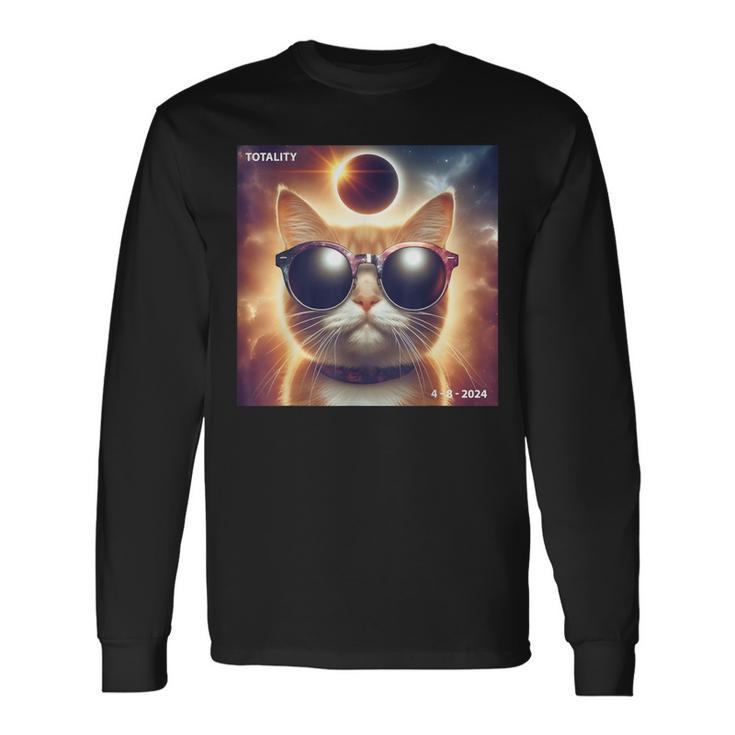 Cat Taking A Selfie With Solar 2024 Eclipse Wearing Glasses Long Sleeve T-Shirt