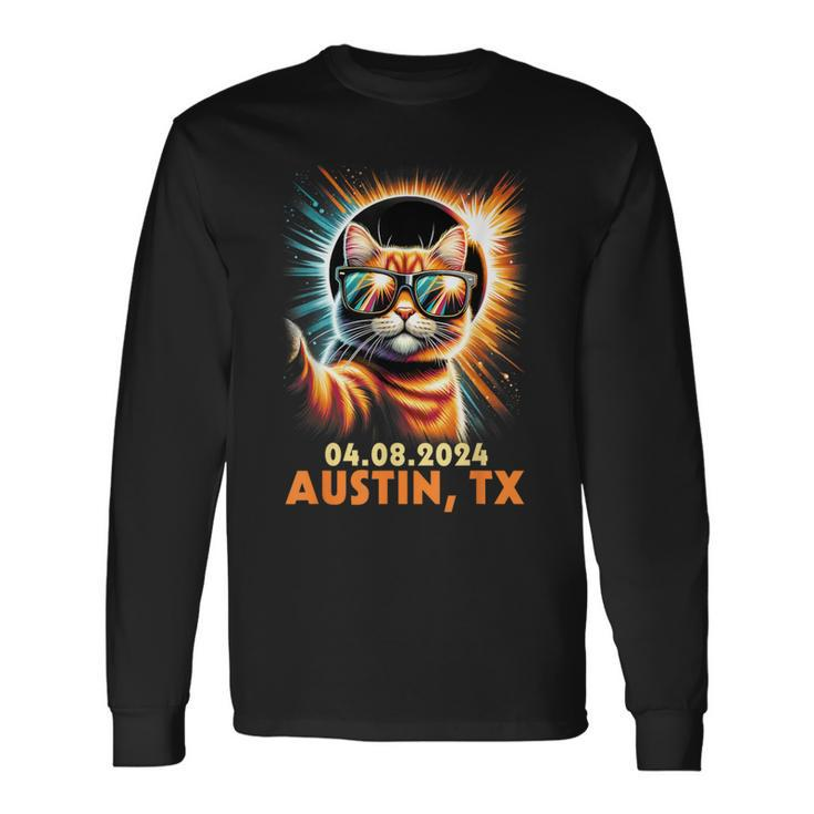 Cat Taking A Selfie Total Solar Eclipse 2024 Austin Texas Long Sleeve T-Shirt