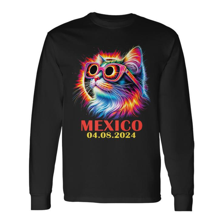 Cat Total Solar Eclipse 2024 Mexico Wearing Eclipse Glasses Long Sleeve T-Shirt