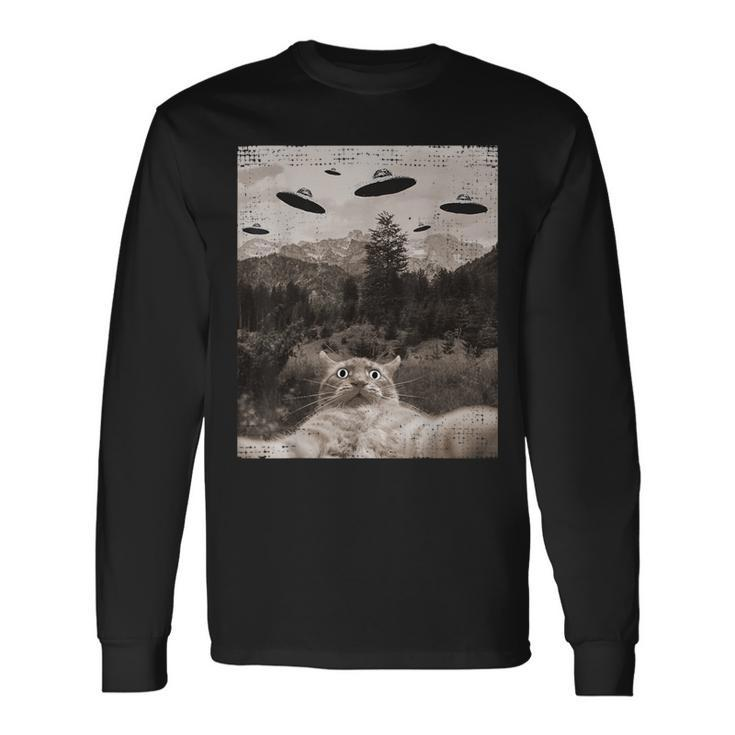 Cat Ufo Meme Cat Selfie With Ufos Long Sleeve T-Shirt