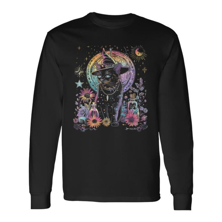 Graphic Cat Witchy And Flowers Cats With Crescent The Moon Long Sleeve T-Shirt