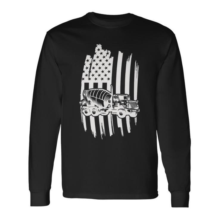 Cement Mixer Truck Usa Flag American Themed Decor Long Sleeve T-Shirt