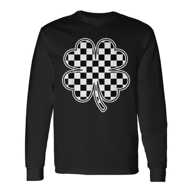 Checkered Four Leaf Clover Race Car Gamer St Patrick's Day Long Sleeve T-Shirt
