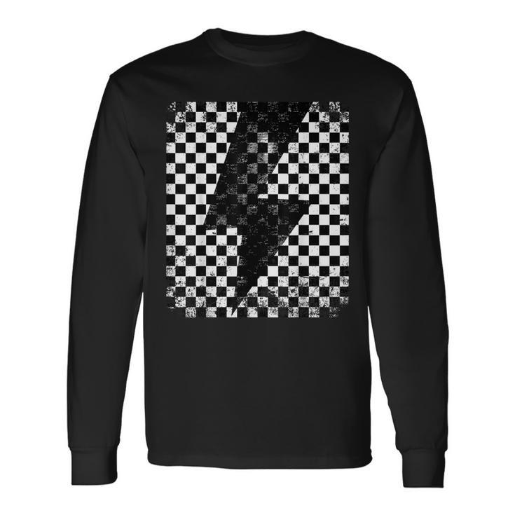 Checkered Lightning Bolt Thunder Checkerboard Graphic Long Sleeve T-Shirt