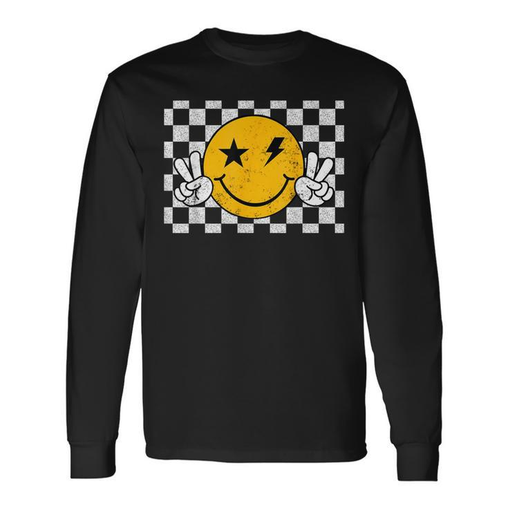 Checkered Pattern Smile Face Trendy Retro Happy Face Long Sleeve T-Shirt Gifts ideas