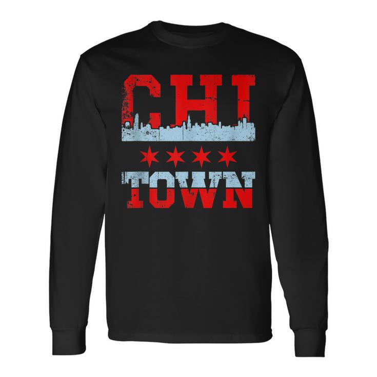 Chi Town Chicago Souvenir Skyline Flag Long Sleeve T-Shirt