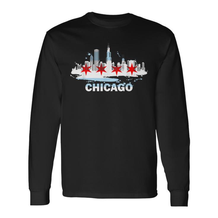 Chicago City Flag Downtown Skyline Chicago Skyline Long Sleeve T-Shirt