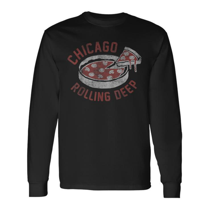 Chicago Rolling Deep Dish Pizza Vintage Graphic Long Sleeve T-Shirt